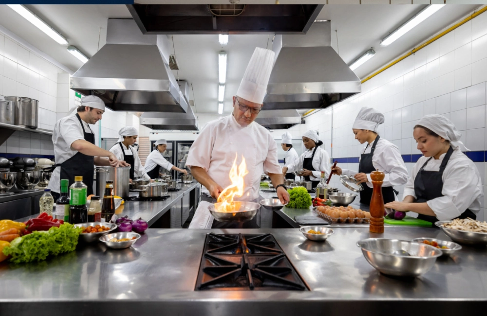 Chefs cooking in a professional kitchen.
